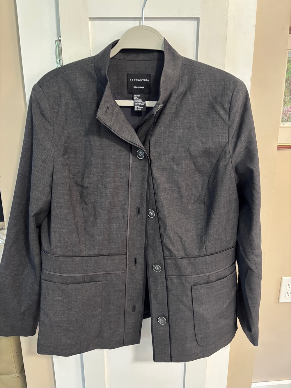 Doncaster grey wool blazer with subtle black silk trim